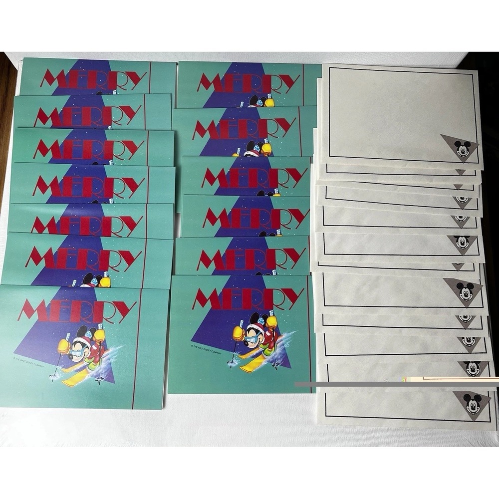 Rare Vintage Mickey Mouse Skiing "Merry" Christmas Cards NOS - Set of‎ 13